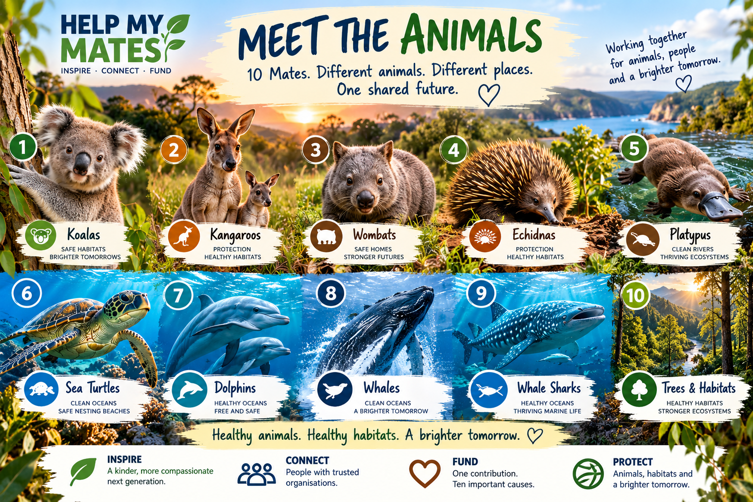 Our animal mates — koala, kangaroo, wombat, turtle and dolphin